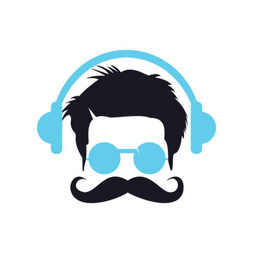 Hipster Men Face with Mustache and Headphone, Retro Music Poster Illustration.