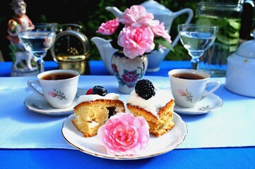 afternoon tea in the garden on the blue tablecloth