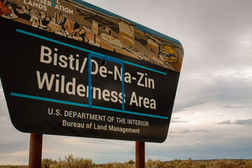 San Juan County, New Mexico / USA - June 3 2020: Sign in parking lot outside of wilderness area that reads "Bisti / De-Na-Zin Wilderness Area" posted by the U.S. Bureau of Land Management