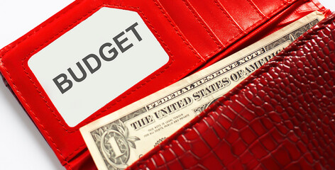 Words text BUDGET on business card, and red leather wallet. Financial,business concept