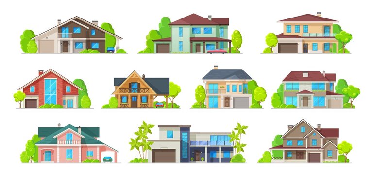 House building vector icons of real estate homes, cottages, villas and bungalows, mansions and townhouses. Residential construction house isolated symbols with front doors, windows, roofs and garages
