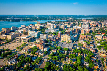 Aerial skyline view of Madison city downtown, morning light, summertime