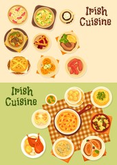 Irish cuisine food vector set of meat, vegetable and fish dishes. Potato salad, boxty and farl pancakes, beef beer stew, pork sausages and salmon soup, cabbage ham casserole, cherry pie and cookies