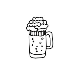 Hand Drawn Mug With Froth Bubble Beer Drink Vector. Full Mug With Handle And Alcoholic Fresh Cold Brewery Liquid Light Ale. Closeup Monochrome Black And White Template Cartoon Illustration
