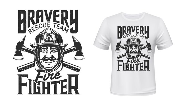 Firefighter t-shirt print of fire rescue team vector mockup. Fireman with safety helmet or hard hat and crossed axes, custom apparel template design for fire department rescue team, emergency service