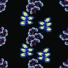 Seamless floral design pattern. Blue flowers on black background. Vector illustration pattern for fabric, textile, gift wrapping, background, wallpaper, bullet journal, scrapbooking 