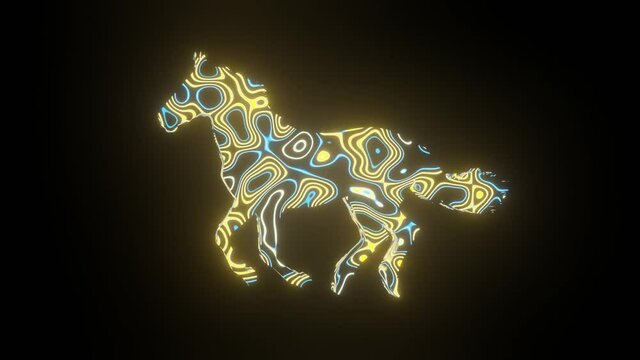 HD video animation of beautiful texture or pattern formation on the horse body shape, isolated on black background. 3d rendering abstract loop animation neon lighting effect on horse.