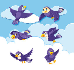 Set of bird character on sky background
