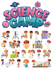 Science camp logo and set of children with education objects isolated