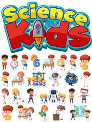 Science kids logo and set of children with education objects isolated