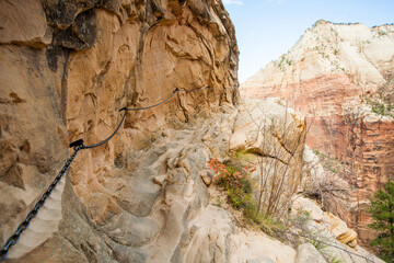 A chain attached to the canyon wall to assist hikers on the Hidden Canyon trail in Zion National Park, Utah