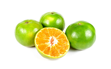 Fototapeta na wymiar Orange fruit half and two segments isolated on white background