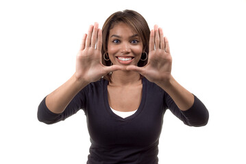 Pretty young woman framing her face with her hands - a series