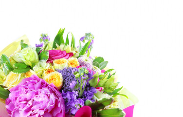 Floral modern bouquet of different flowers isolated on a white background, colorful bunch of flowers isolated. Copy space. Space for text. Colorful postcard with space for text. Christmas pastcard. 