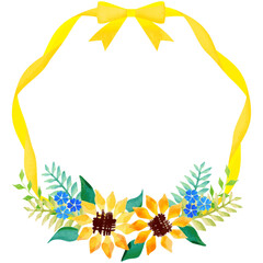 Sunflower and floret illustration and ribbon wreath