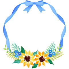 Sunflower and floret illustration and ribbon wreath