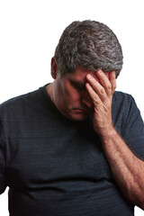 Man with one hand on his head defeated with a black T-shirt