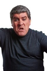 Angry man starting a fight with a black T-shirt