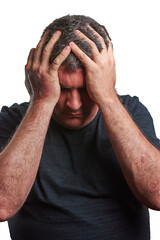 Man with two hands on his head defeated with a black T-shirt