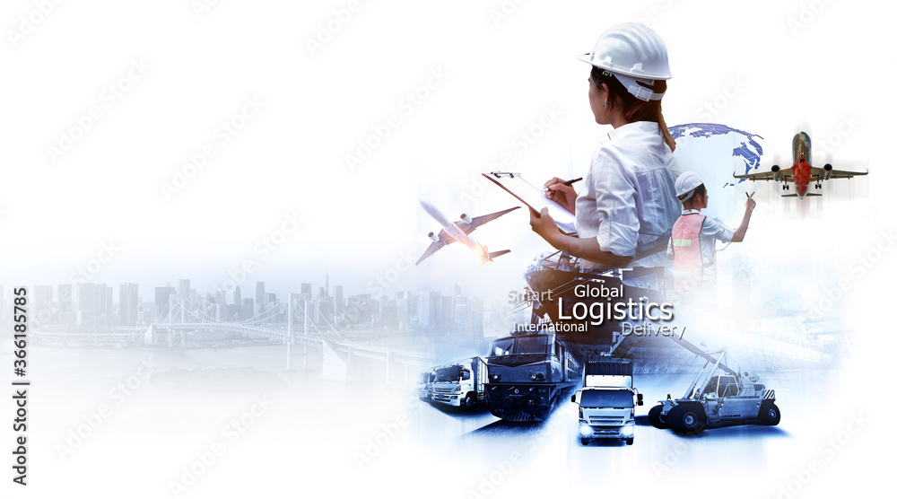 Wall mural smart technology concept with global logistics partnership industrial container cargo freight ship, 