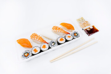 Ready to eat sushi mix on White tray.