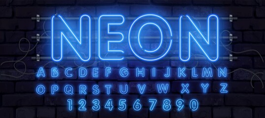 Blue vector neon tube alphabet font. Neon color letters, numbers and symbols. Stock vector typeface for any typography design.