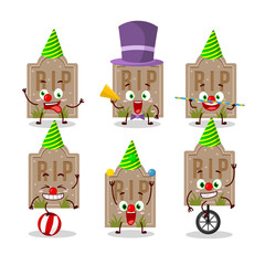 Cartoon character of tombstone with various circus shows