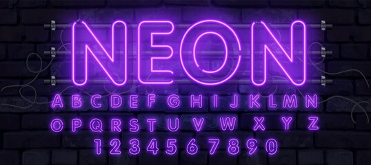 Purple vector neon tube alphabet font. Neon color letters, numbers and symbols. Stock vector typeface for any typography design. - obrazy, fototapety, plakaty