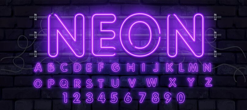 Purple vector neon tube alphabet font. Neon color letters, numbers and symbols. Stock vector typeface for any typography design.