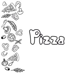 Italian pizza and ingredients top view frame. Italian food menu design template. Vintage hand drawn sketch, vector illustration. Engraved style illustration. Pizza label for menu.