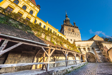 Entrance to citadel with Sighisoara Clock Tower in view