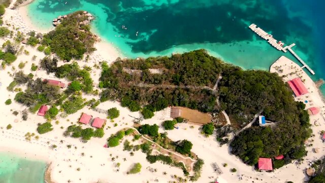 drone shot on island beach of labadee, haiti royal carribean private island