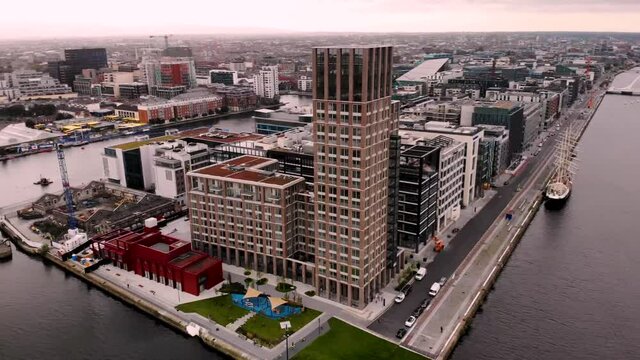 Capital Dock  aerial orbit, reveal of Grand Canal Dock and Aviva Stadium, Cublin city centre, Ireland.