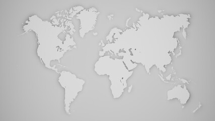 World map in white over light gray, with slight volume shadow. Digital 3D render.
