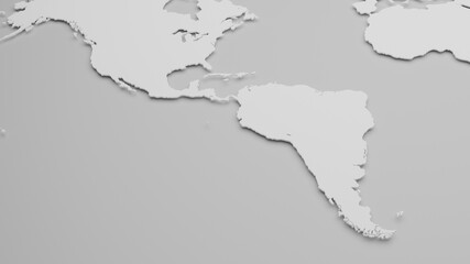 Obraz premium 3D map of South America in white on light gray. Global geopolitics concept. Digital 3D render.