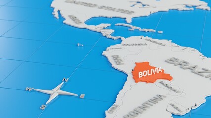 Simplified 3D map of South America, with Bolivia highlighted. Digital 3D render.
