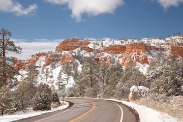 Early snow shows off the red rocks in Red Rock Canyon, near Bryce Canyon National Park