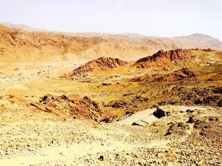 Panoramic view of the Mount Sinai from hill, a mountain in the Sinai Peninsula of Egypt, a possible location of the biblical Mount Sinai, also famous for hiking to watch sunset and sunrise scenery. 