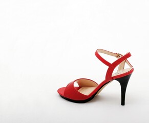 Red leather open stiletto sandals on white background