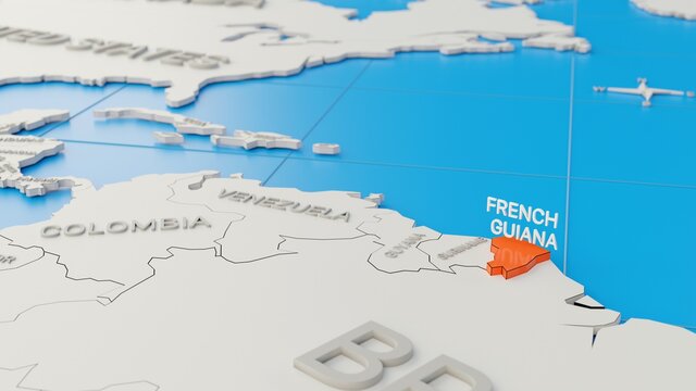 Simplified 3D map of South America, with French Guiana highlighted. Digital 3D render.