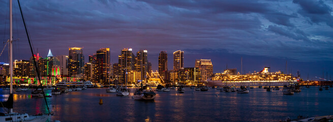 Sunset and night view of San Diego downtown