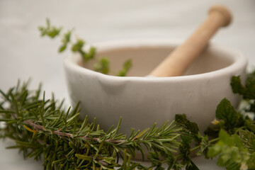 Rosemary and Mint in front of White Mortar and Pestle on White Background