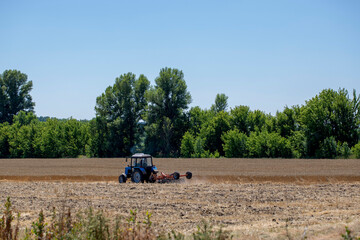 The tractor works in the wheat field