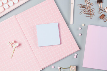 flat lay stationery on work desk in gray pastel background	
