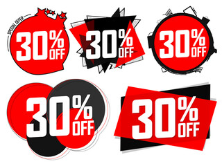 Set Sale 30% off banners, discount tags design template, promo app icons, vector illustration