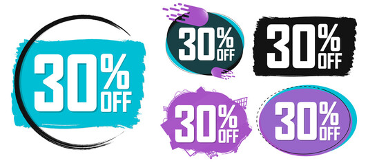 Set Sale 30% off banners, discount tags design template, promo app icons, vector illustration