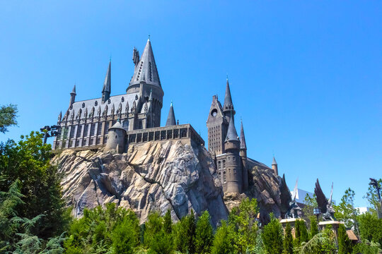 Orlando, Florida, USA - May 09, 2018: The Hogwarts Castle at The Wizarding World Of Harry Potter in Adventure Island of Universal Studios Orlando.