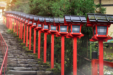 Old red lamp style of Kifune Shrine Old Shrine in Kyoto, Japan.