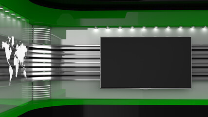 Tv Studio. Backdrop for TV shows. News studio. The perfect backdrop for any green screen or chroma key video or photo production. 3D rendering.