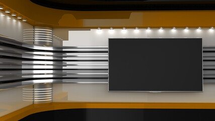 Obraz premium Tv Studio. Backdrop for TV shows. TV on wall. News studio. The perfect backdrop for any green screen or chroma key video or photo production. 3D rendering.